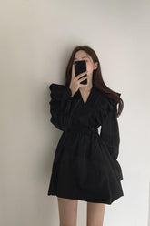 V-Neck Lantern Sleeve Ruffle Dress